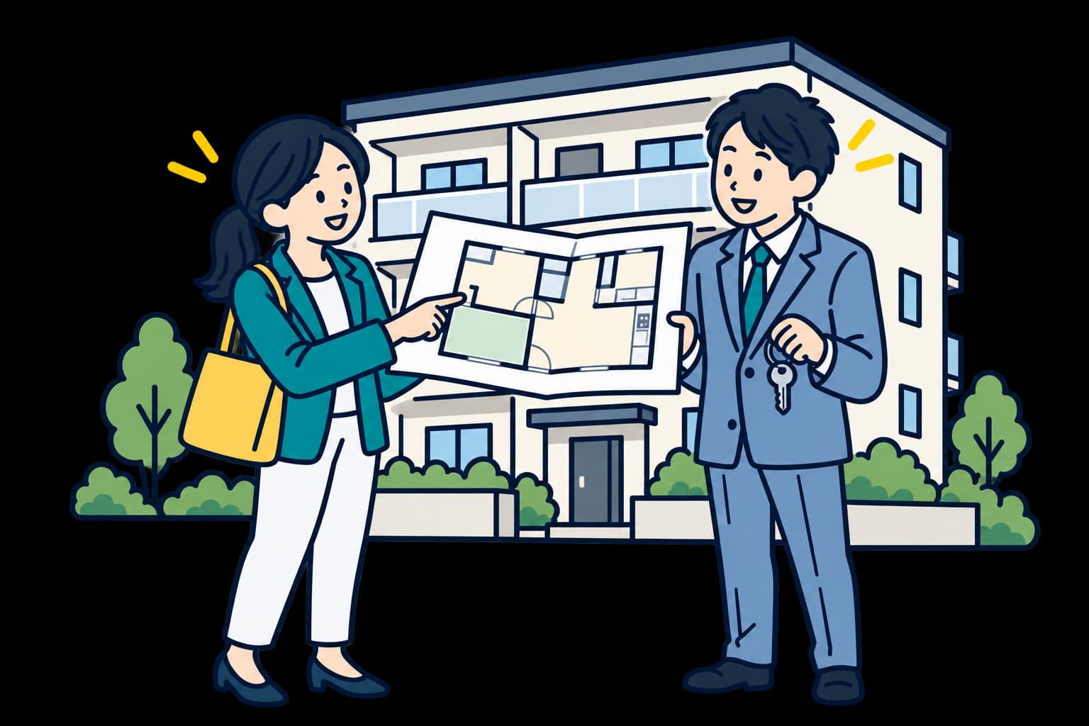 物件の現場で図面を交わし、不動産の話をする担当者たち
